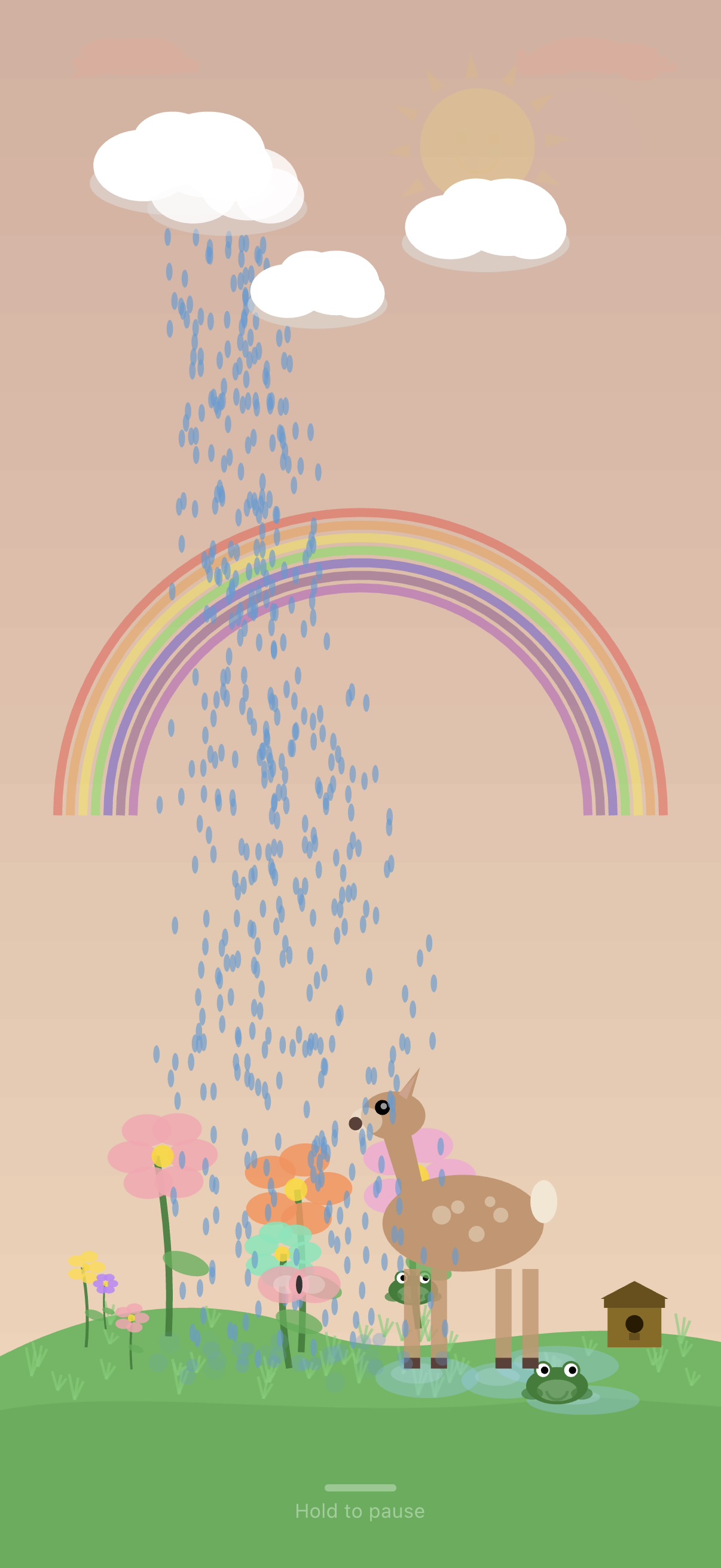 Quiet Sit: a calm garden scene with a rainbow, drifting rain, and small animals during a sit